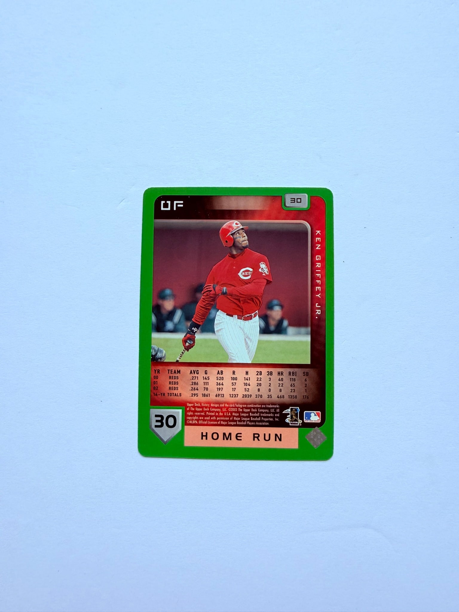 2003 Upper Deck Victory #30 Ken Griffey Jr. Home Run Cincinnati Reds MLB Baseball Card: 2003 Upper Deck Victory #30 Ken Griffey Jr. Home Run card featuring "The Kid" during his Cincinnati Reds years. Great addition for Griffey, Reds, Hall of Fame, and MLB card collectors. Clean design wi
