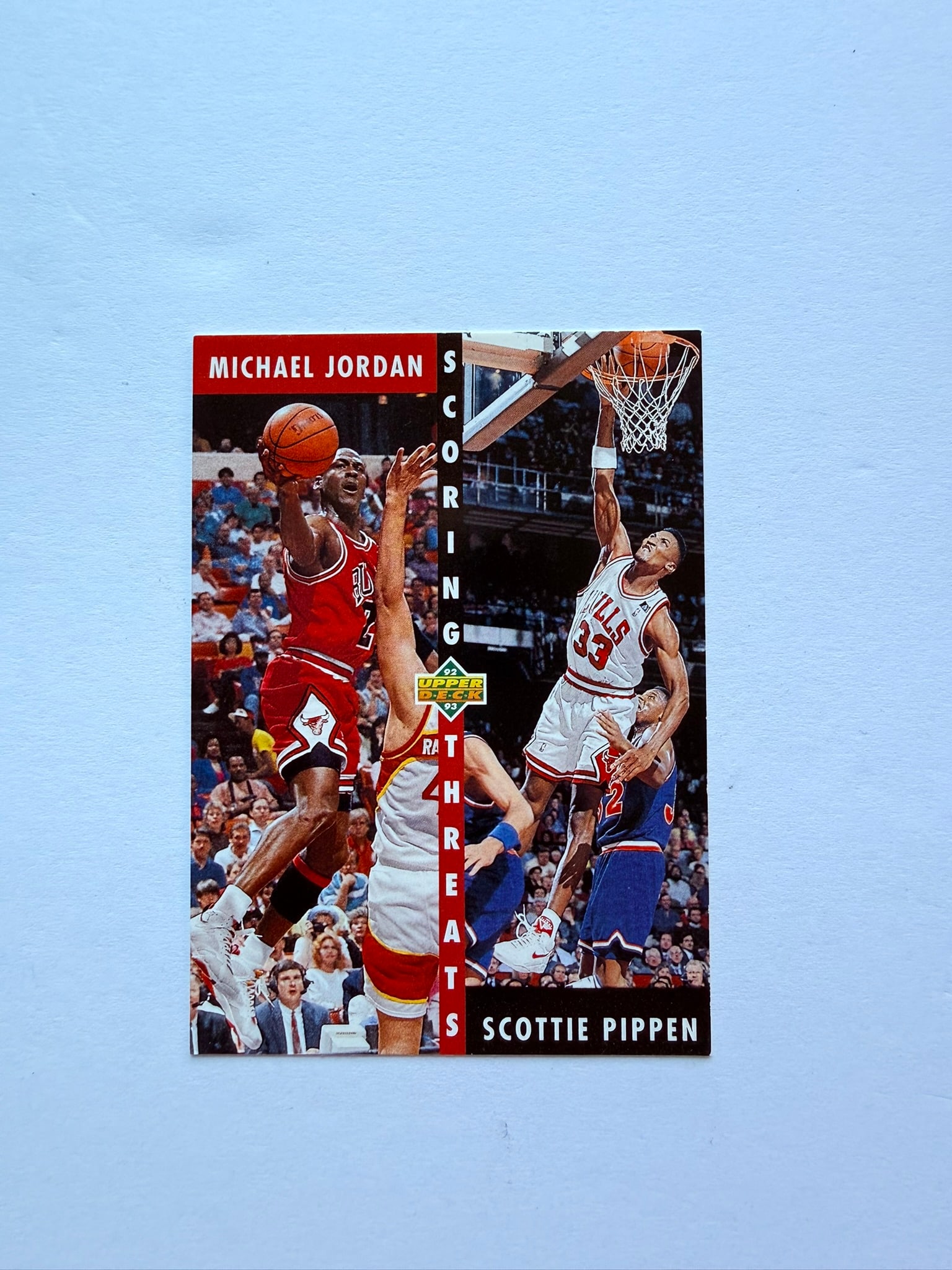 1992 Upper Deck Michael Jordan Scottie Pippen Scoring Threats #62: 1992 Upper Deck Scoring Threats insert featuring Chicago Bulls legends Michael Jordan and Scottie Pippen. Classic early-90s Bulls collectible from Upper Deck’s premium basketball release era.