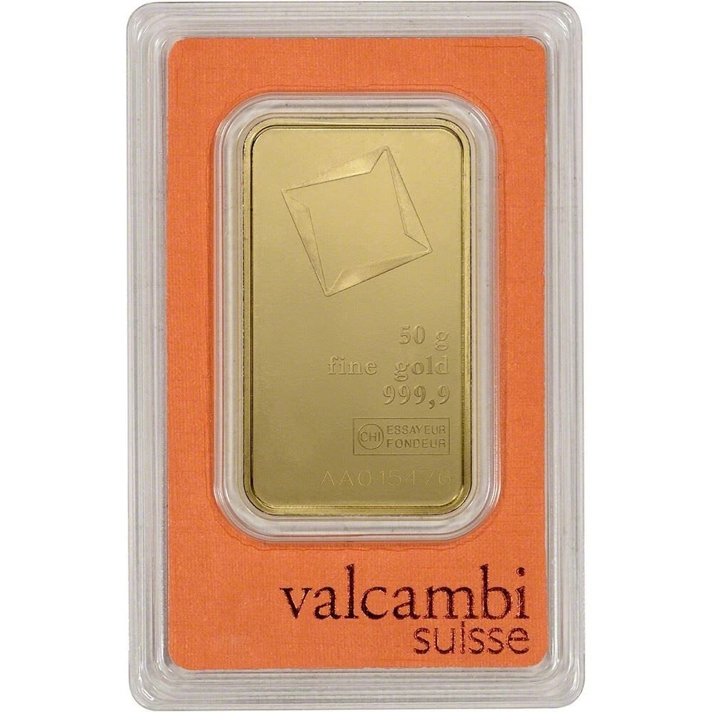 50 gram Gold Bar - Valcambi Suisse - 999.9 Fine in Sealed Assay: 50 gram Gold Bar - Valcambi Suisse - 999.9 Fine in Sealed Assay. Investment-grade gold bullion bar offered as one troy ounce of .9999 fine gold in assay packaging. Assay design, serial number, packagi