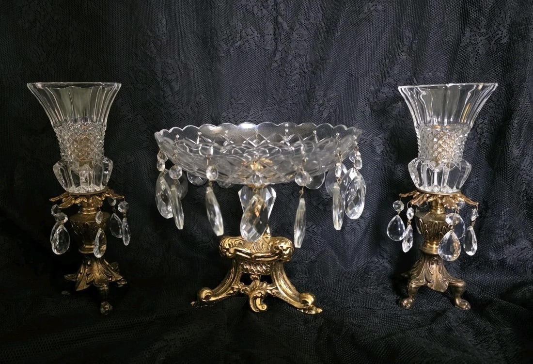 Vintage Val Saint Lambert Crystal and Brass Pedestal Bowl with Candlesticks (1 of 5)