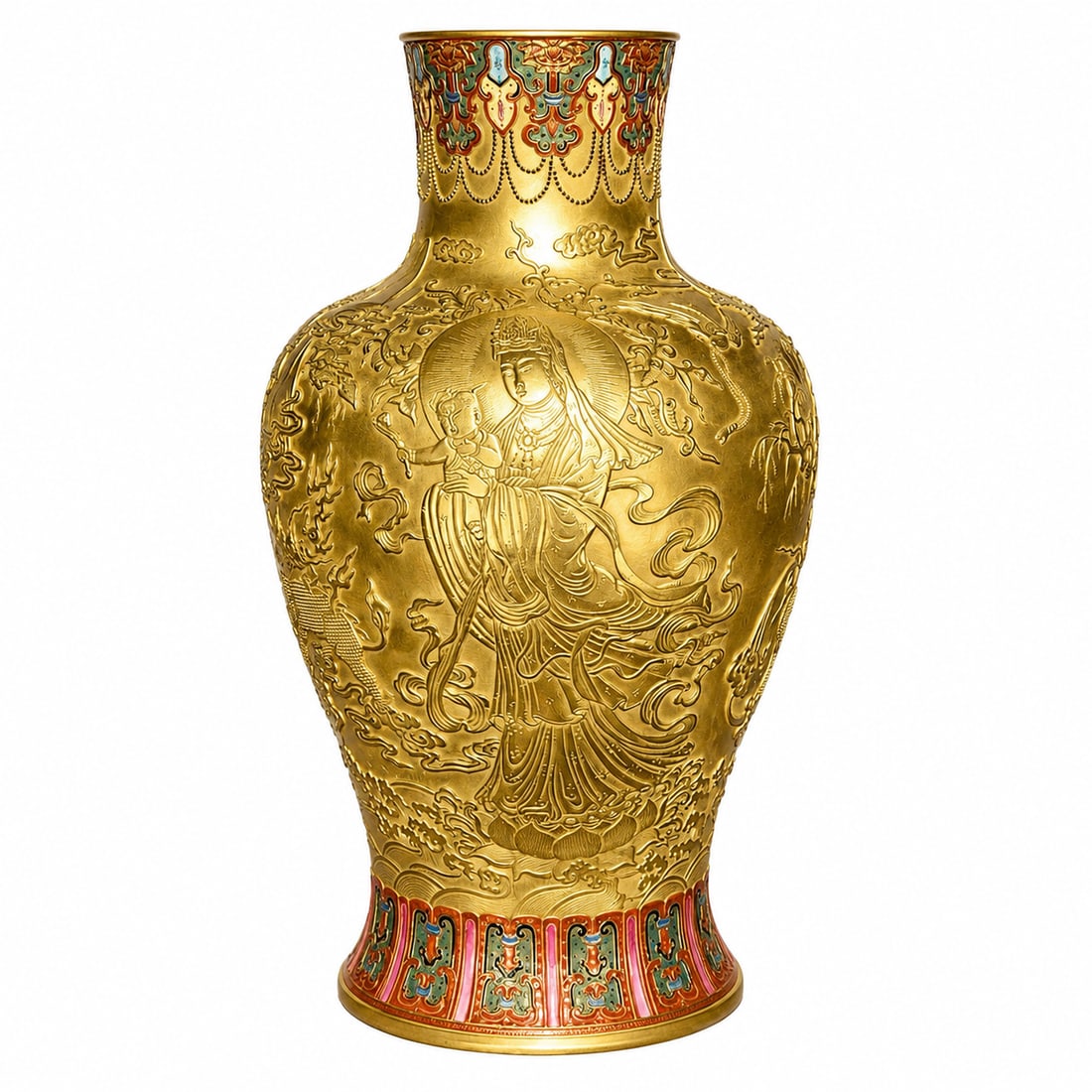 Qianlong-Marked Enameled Porcelain Gilt Guanyin Vase (1 of 7)