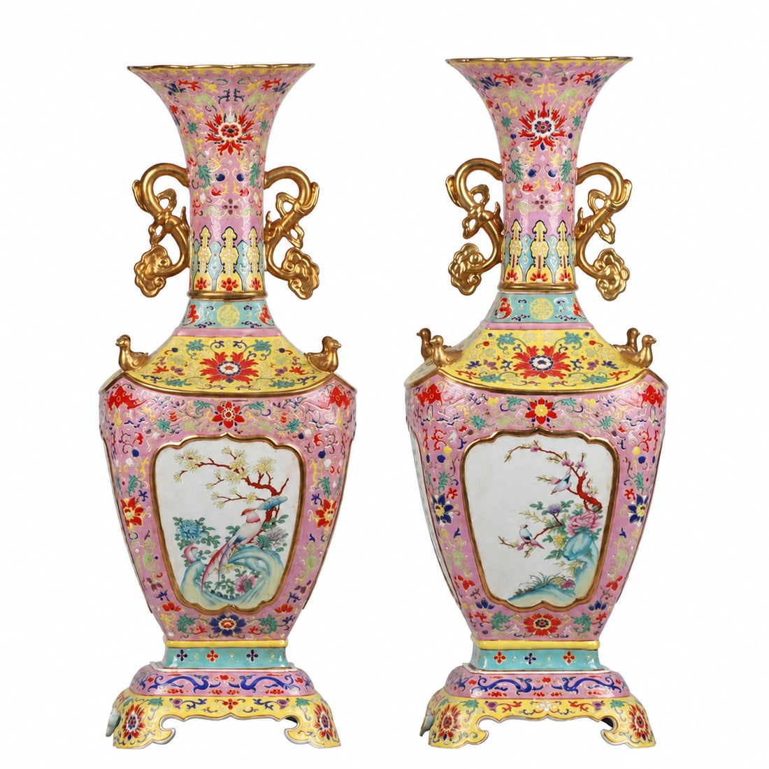 Pair of Qianlong-Marked Enameled Porcelain Ruyi-Handle Vases (1 of 7)