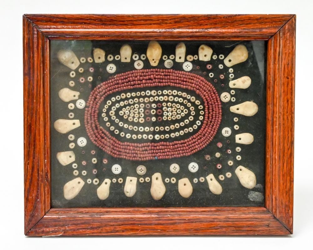 Vintage Framed Bead and Button Art Panel, 9.6875 x 11.6875 in.: Vintage framed mixed-media art panel arranged in a symmetrical, mandala-like design on dark green felt. The composition features concentric rings of small red beads, white and off-white buttons in var