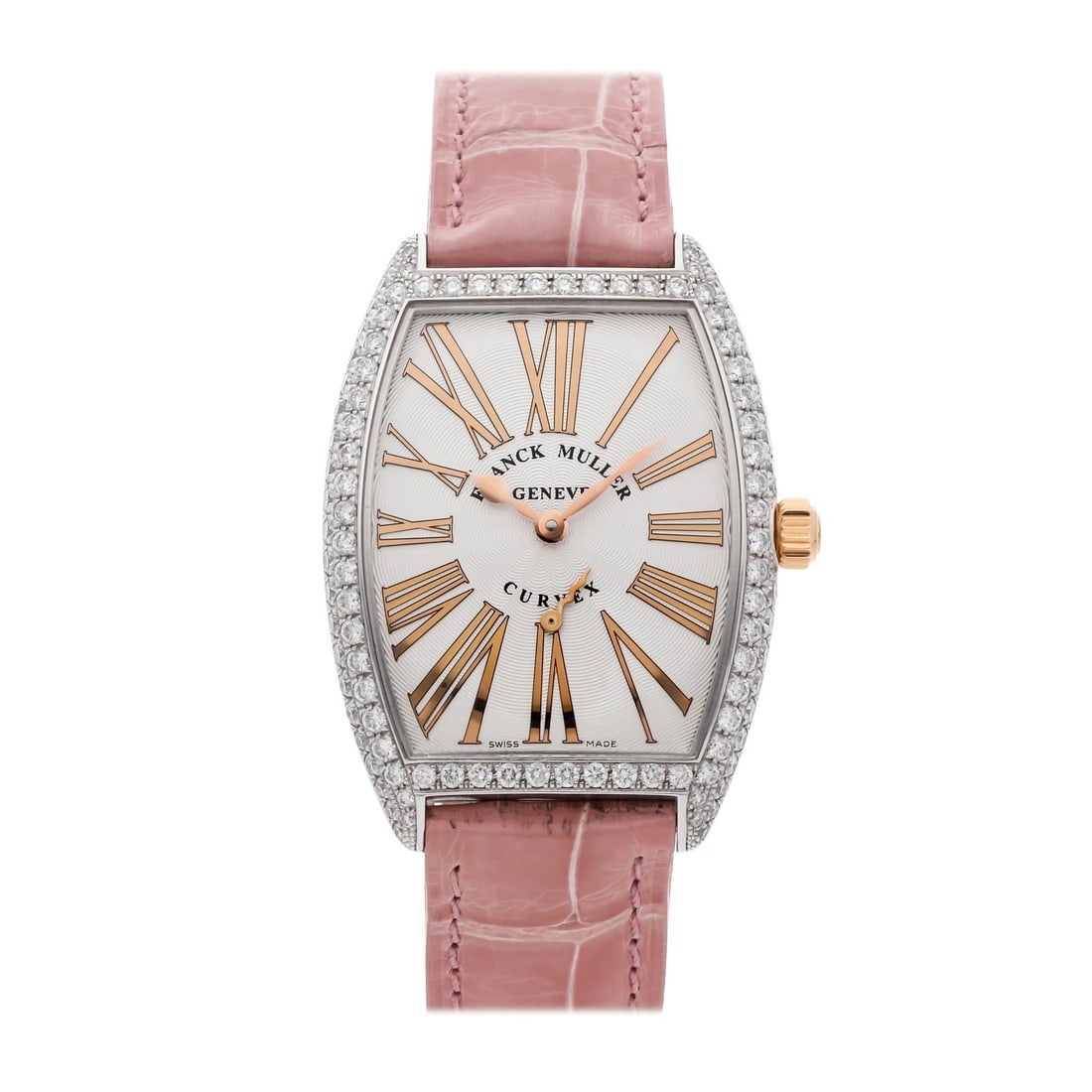 Franck Muller Cintree Curvex Diamond Watch Ref. 2850SS6RASTGD2AC-BLCR: Pre-owned Franck Muller Cintree Curvex manual-wind wristwatch, reference 2850SS6RASTGD2AC-BLCR. The watch features a stainless steel case with a diamond-set bezel, silver dial, Roman numeral hour mark