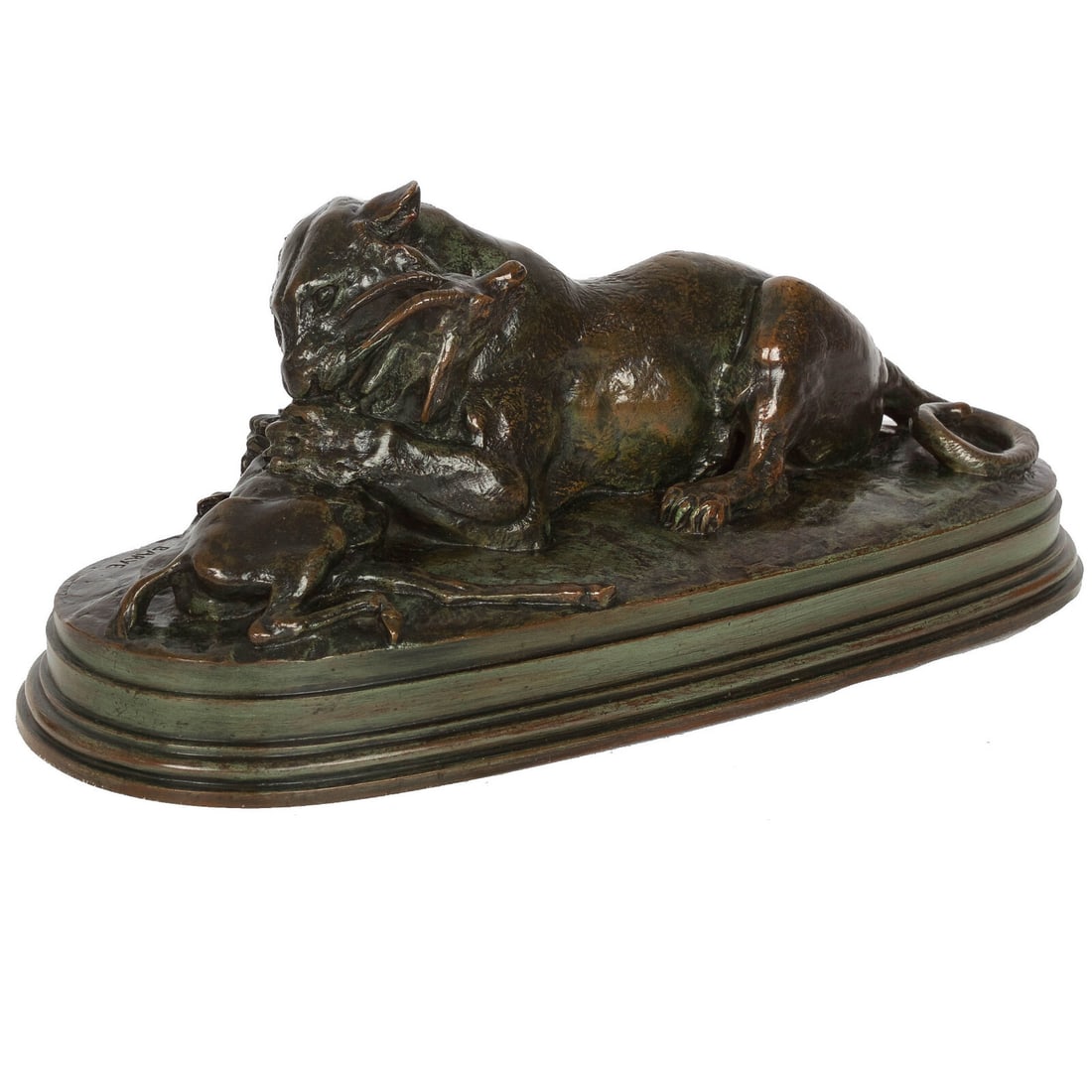 Antoine-Louis Barye Tiger Devouring a Gazelle Bronze Sculpture: French bronze sculpture after Antoine-Louis Barye, titled "Tigre Dévorant une Gazelle" and identified as the second edition. The dynamic composition depicts a tiger overpowering a gazelle on an integ