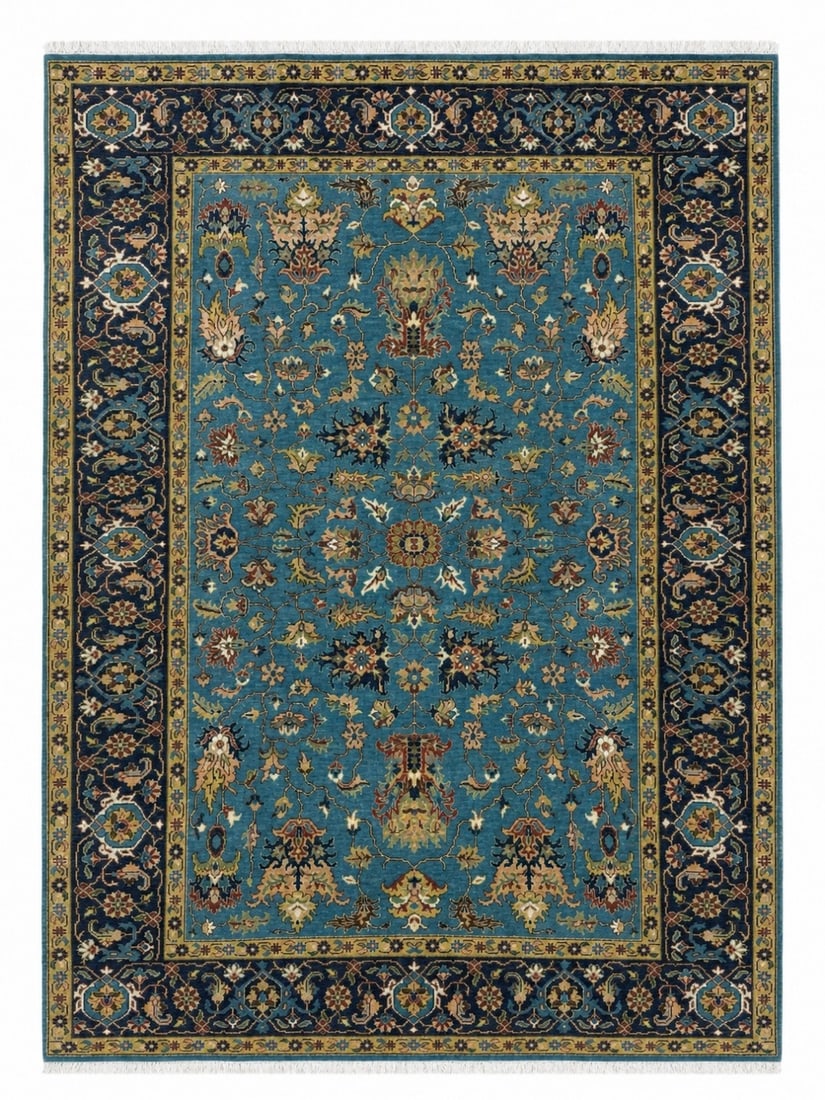 6 x 9 ft Hand-Knotted Wool and Cotton Rug with Blue Floral Medallion Design: Rectangular hand-knotted area rug featuring an ornate floral medallion design with scrolling vines, botanical motifs, and layered decorative borders. The palette combines teal blue, deep navy, ivory, 