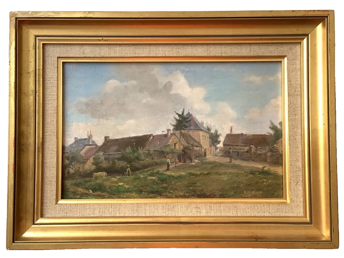 Attributed to Camille Pissarro 19th-Century Village Scene Oil on Canvas: 19th-century oil on canvas depicting a lively village landscape with figures, buildings, trees, and an open foreground. The work is attributed to Camille Pissarro and features a trace of a signature a