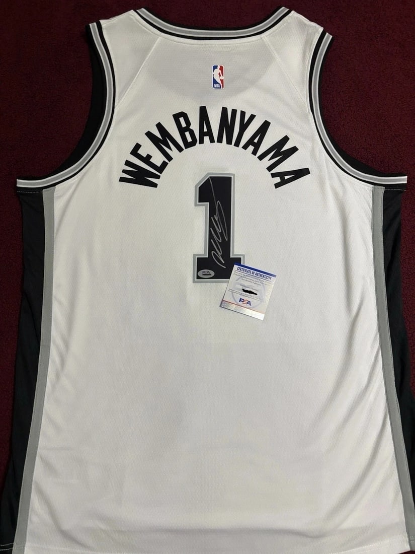 Victor Wembanyama Signed San Antonio Spurs Jersey, PSA Authenticated: San Antonio Spurs jersey hand-signed by Victor Wembanyama. Authentication information includes PSA Authentication Services, with an authentication sticker/hologram affixed to the jersey and verificati