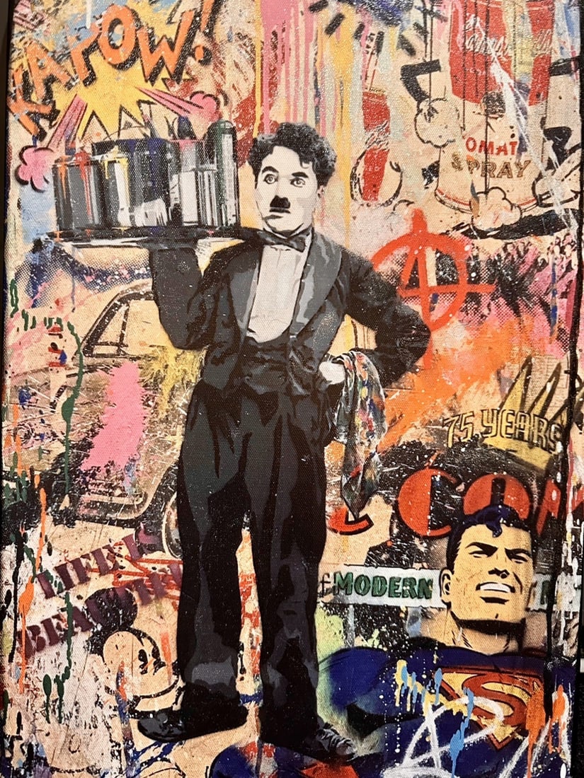 Mr Brainwash Charlie Chaplin Hand-Signed Canvas Print, 2019, 12 x 18 in, COA: Mr Brainwash, also known as Thierry Guetta, Charlie Chaplin, 2019, limited-edition canvas print. The portrait-format composition depicts Charlie Chaplin amid layered pop-art and graffiti-inspired imag
