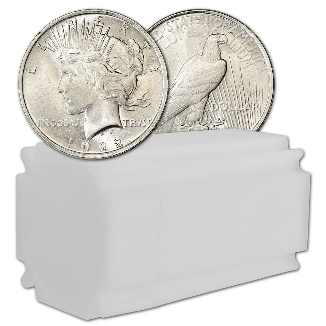 U.S. Peace Silver Dollar Roll of 20, Random Dates, 1921-1935: Roll of 20 U.S. Peace Silver Dollars from the 1921-1935 series, featuring random dates and mintmarks. Each coin contains 0.7734 troy ounces of silver and is composed of.900 silver and.100 copper, with