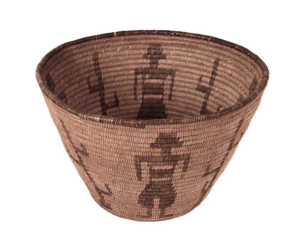 Pima Pictorial Basket - Men and Cactus ca. 1920s 9 in H x 13.375 in D Hand Coiled (1 of 8)
