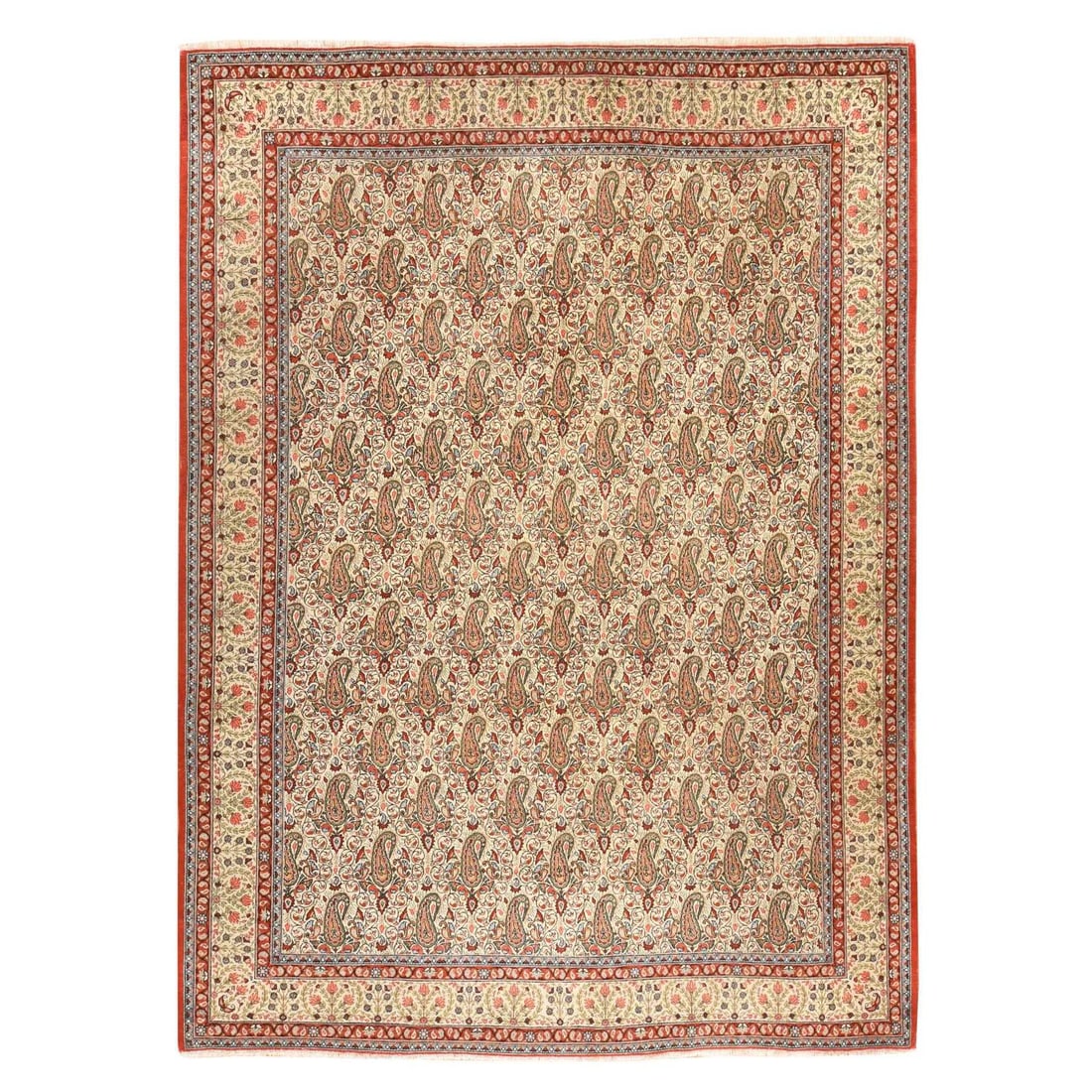 Vintage Wool Hand-Knotted Rug with Boteh Design, 7 ft 10 x 10 ft 9 in, Ref. 78539: Vintage rectangular wool hand-knotted rug featuring an allover Boteh paisley pattern in cream, red, blue, and dark brown tones. The design is framed by multiple floral and geometric borders, with frin
