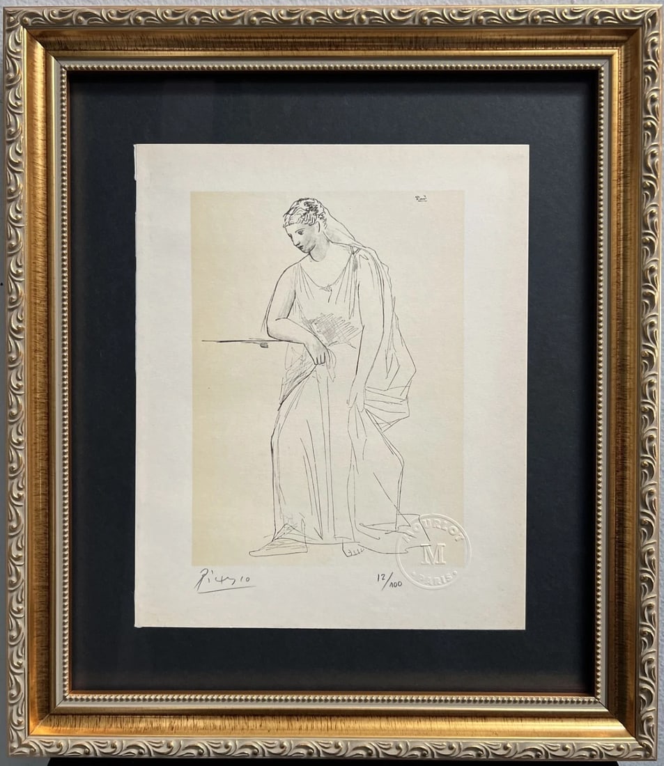 Pablo Picasso "Picasso Dessins" Lithograph Signed & Numbered 12/100: Pablo Picasso (1881-1973), plate from "Picasso Dessins," dated 1926. Lithograph on Vélin d'Arches paper depicting a graceful Neoclassical figure. The work is hand-signed in pencil, numbered 12/100, a