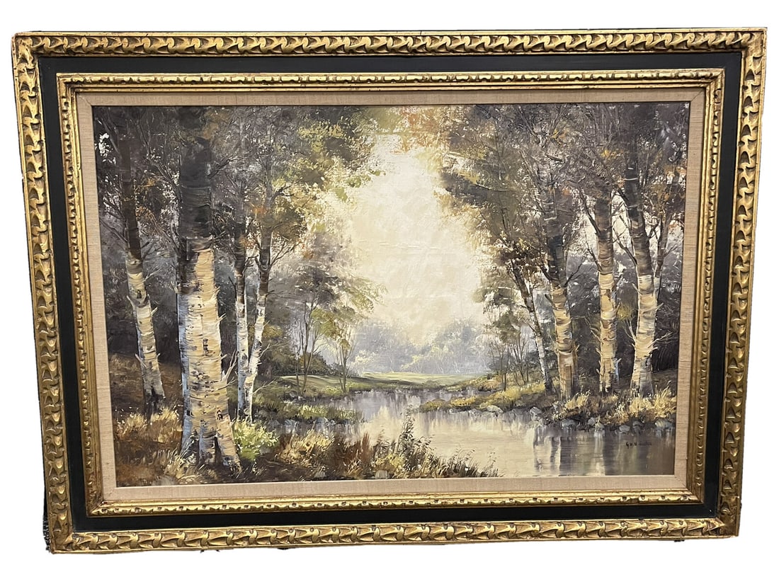 Gerard Van Der Linden Signed Landscape Oil Painting in Ornate Frame: Vintage landscape oil painting attributed to Gerard Van Der Linden, depicting birch trees, a wooded setting, and a reflective stream beneath a luminous sky. The work is signed at lower right and prese