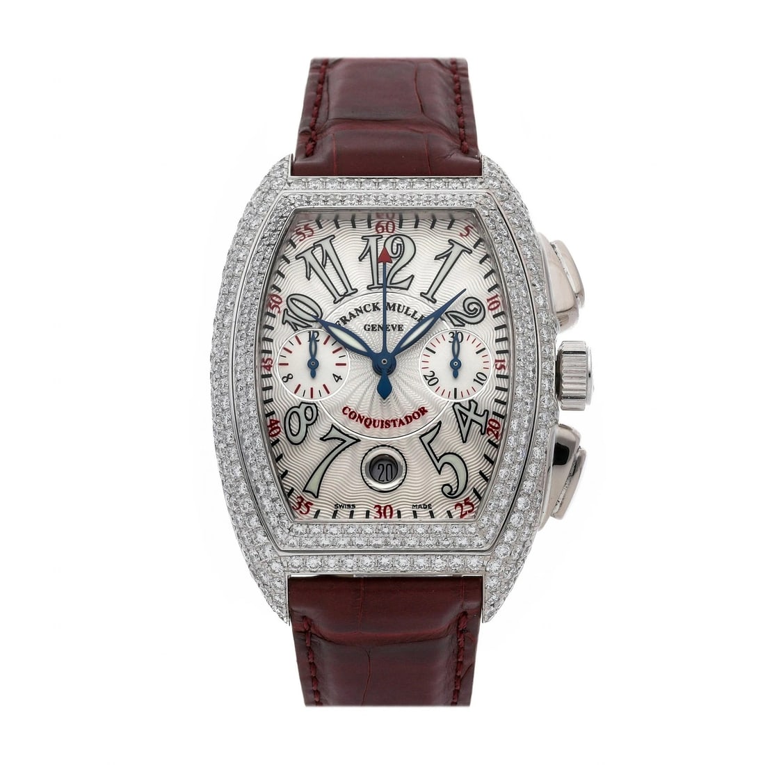 Franck Muller Conquistador 8002 CC D Diamond White Gold Chronograph Watch: Franck Muller Conquistador reference 8002 CC D men's wristwatch with a self-winding automatic movement. The 18k white gold case is set with diamonds and houses a silver dial with chronograph, date, ho