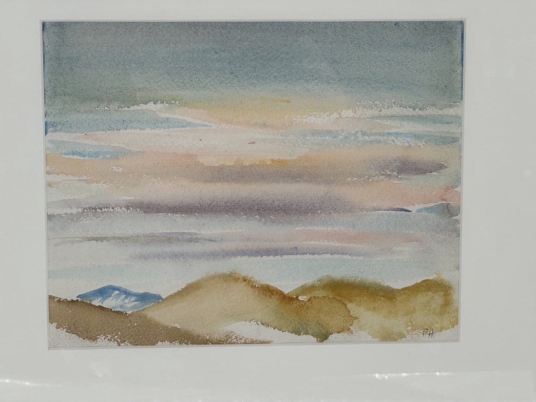 Peter Hurd "Dawn Clouds" c. 1957 Original Watercolor, Framed: Original watercolor titled "Dawn Clouds" by Peter Hurd (1904-1984), dated circa 1957. The landscape composition presents layered clouds and distant New Mexican-style mountain forms in soft blue, rose,