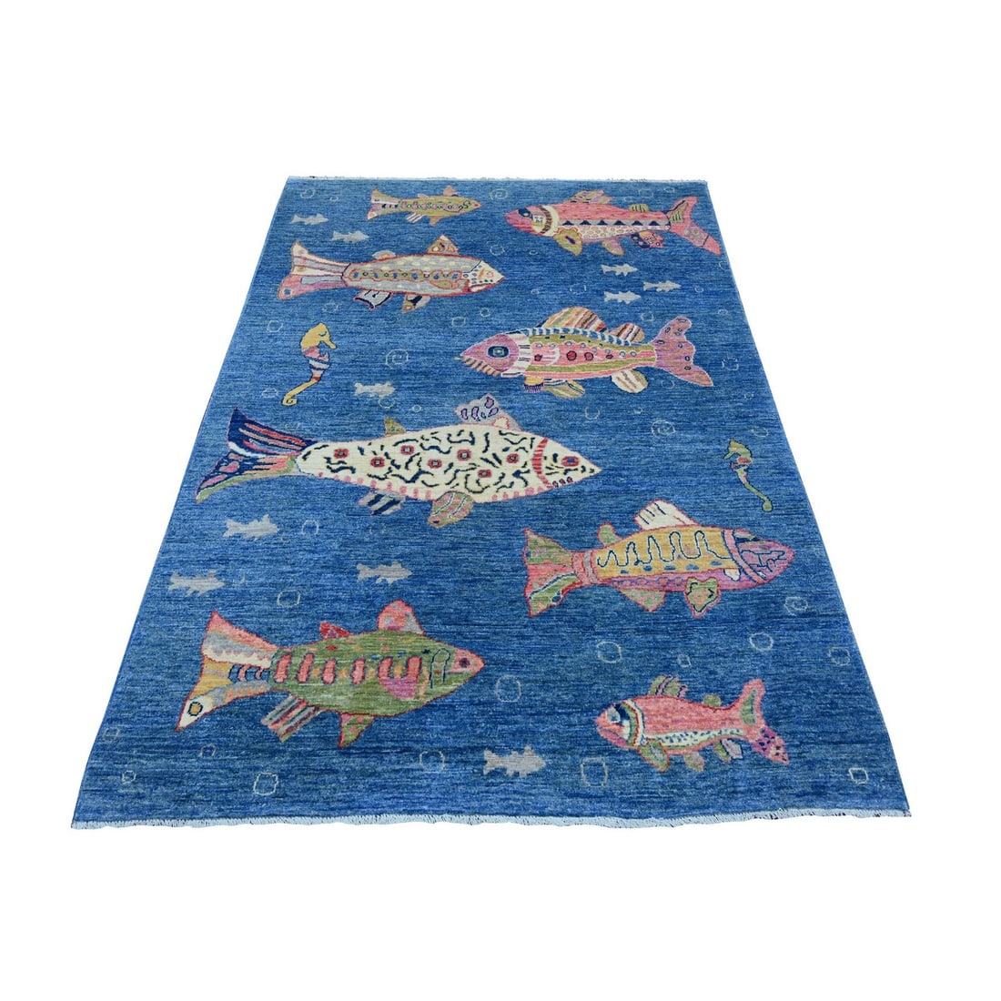 5 ft x 6 ft 10 in Blue Peshawar Oceanic Fish Design Soft Wool Hand Knotted Rug 21657 (1 of 4)