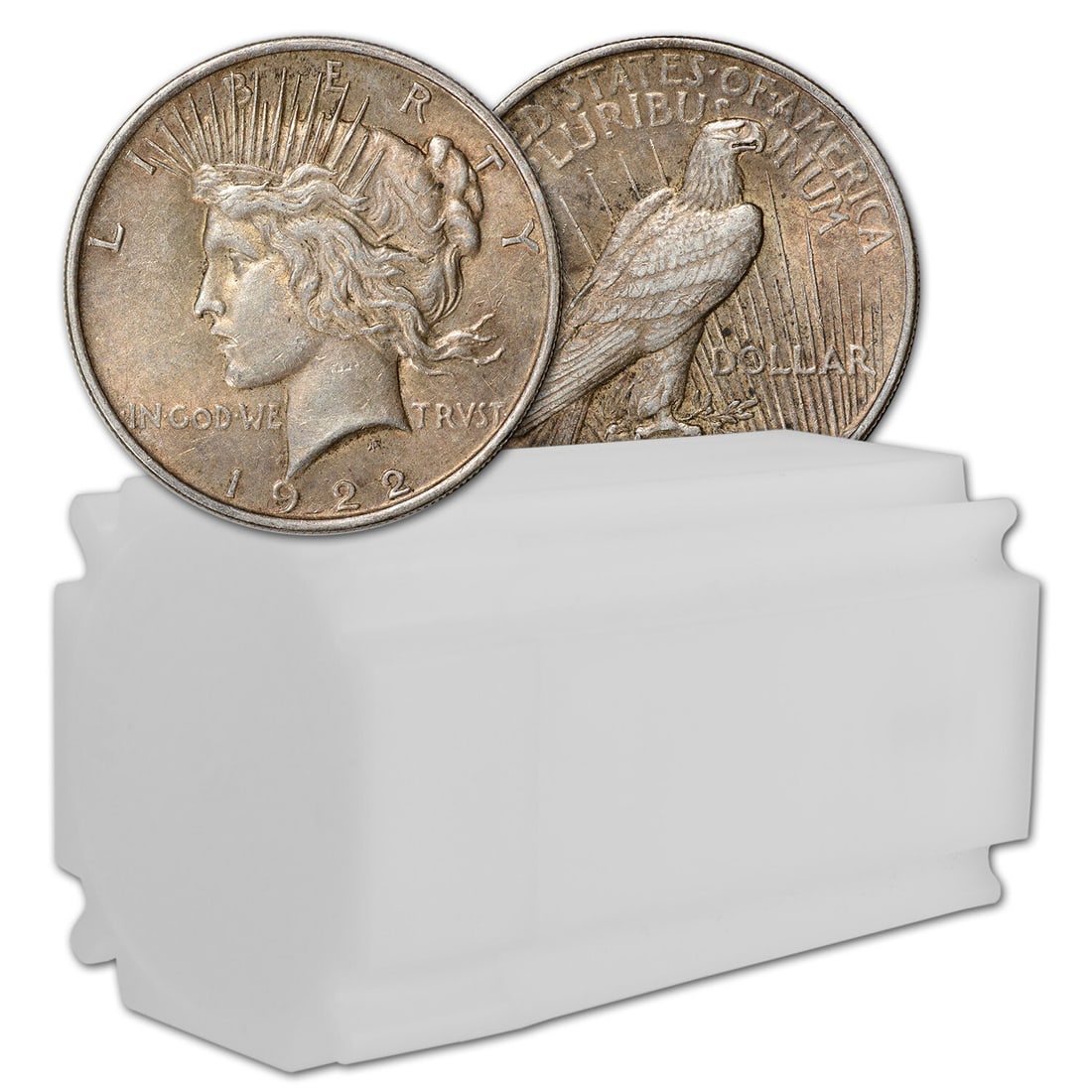 U.S. Peace Silver Dollar Roll of 20 Coins, Random Dates, Very Good: Roll of 20 U.S. Peace Silver Dollars in Very Good condition, presented in a plastic tube. Dates and mintmarks are random and may include examples from the 1921-1935 series, with exact contents varying