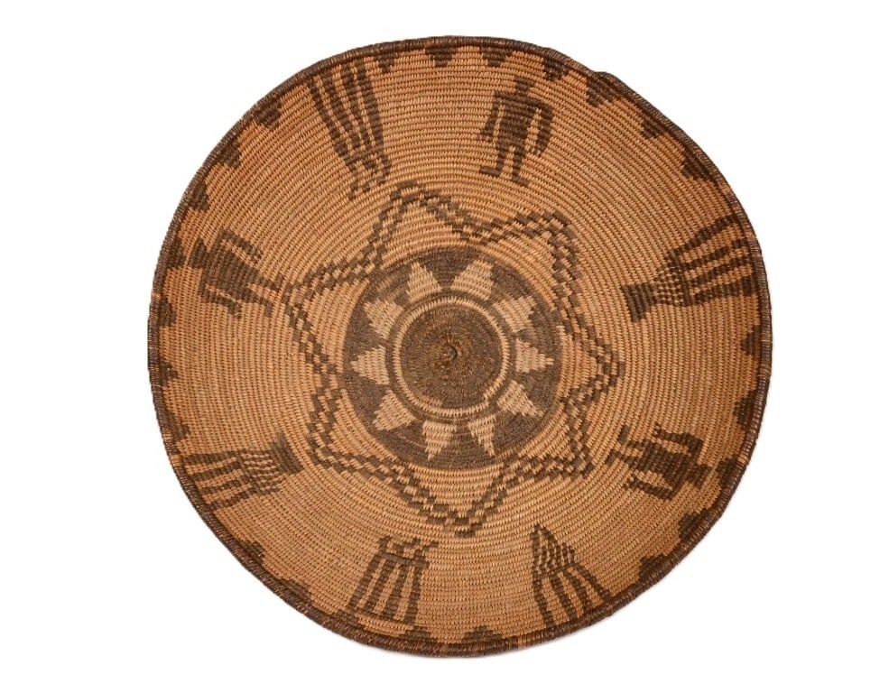 Antique Apache Pictorial Basketry Bowl, circa 1900, 12-Inch Diameter: Antique Apache pictorial basketry bowl dating to circa 1900. The finely coiled and stitched vessel features a gracefully rounded form with three large human figures, along with motifs interpreted as s
