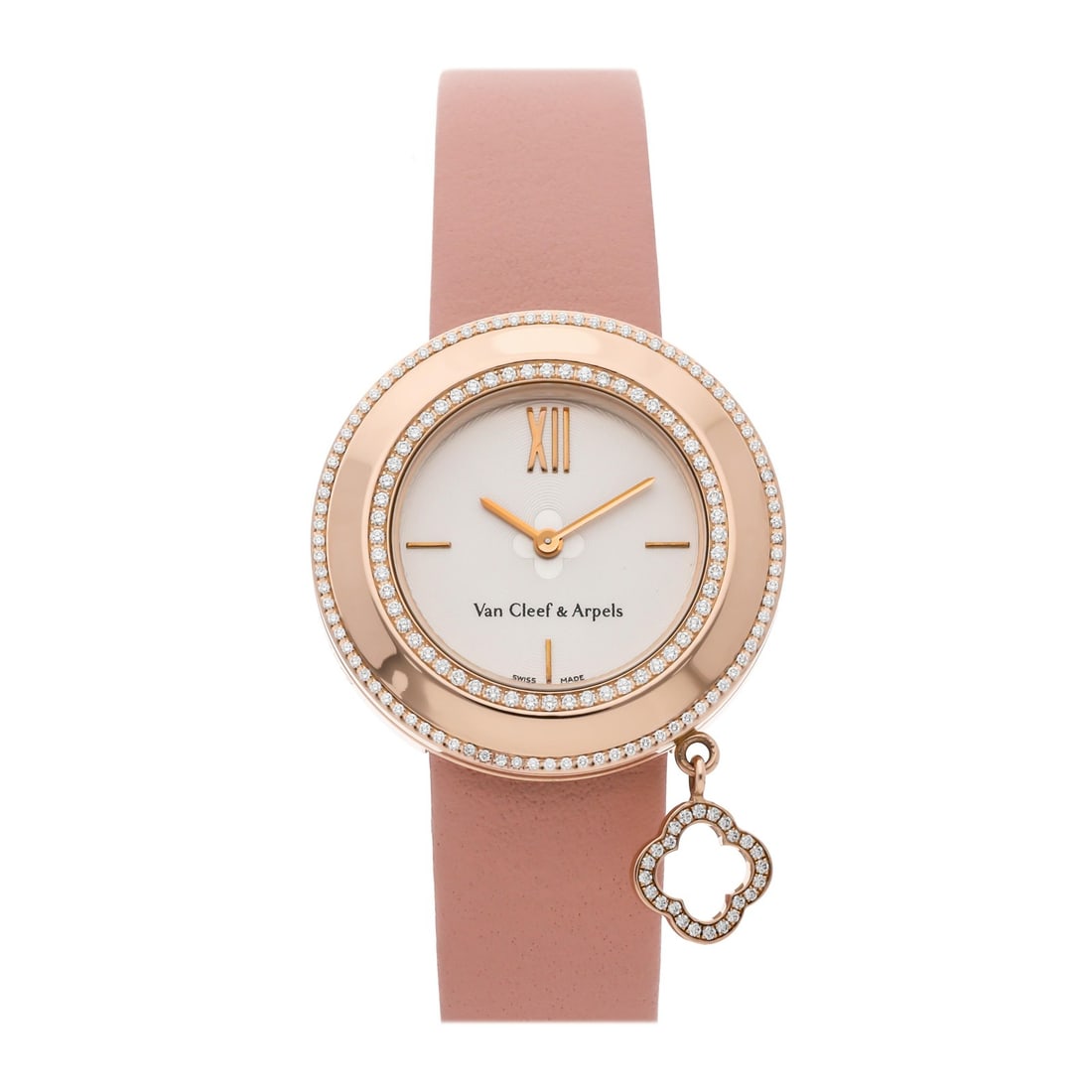 Van Cleef & Arpels Charms Diamond Rose Gold Quartz Watch ARM95000: Van Cleef & Arpels Charms ladies' quartz wristwatch, reference ARM95000, featuring a 32mm 18k rose gold case with diamond-set bezel, silver dial, and pink leather strap with an 18k rose gold tang buck