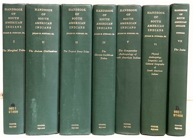 Bureau of American Ethnology: Handbook South American Indians Set (1963 hc A): 1963 Cooper Square Publishing 7-volume set. Ex-library with stickers and stamps. Vol 2 & 5 have tape repair to binding. Text otherwise unmarked & clean. Covers smooth and bright with light wear. A tho