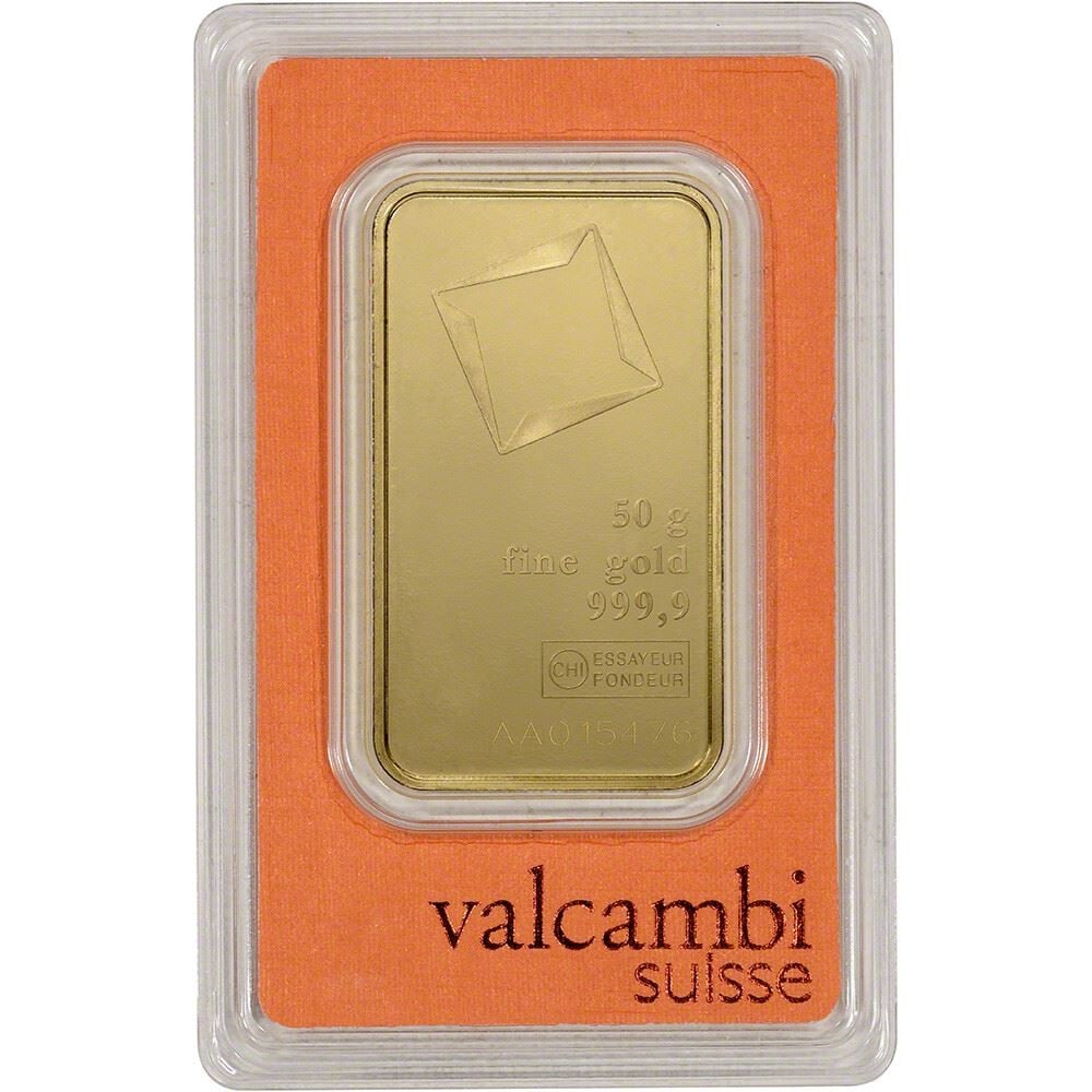 Valcambi Suisse 50g .999.9 Fine Gold Bar in Sealed Assay: Valcambi Suisse 50 gram fine gold bar marked "50 g fine gold 999.9," housed in a sealed assay card. The bar bears the Valcambi Suisse designation, refinery assay mark, and serial number AA015476. The 