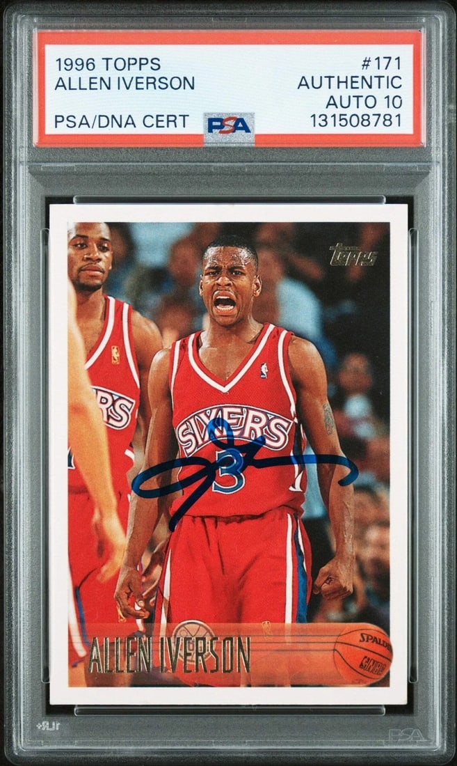 Graded 1996 Topps Allen Iverson #171 Rookie RC Card PSA 10 Auto Grade Gem Mint (1 of 2)