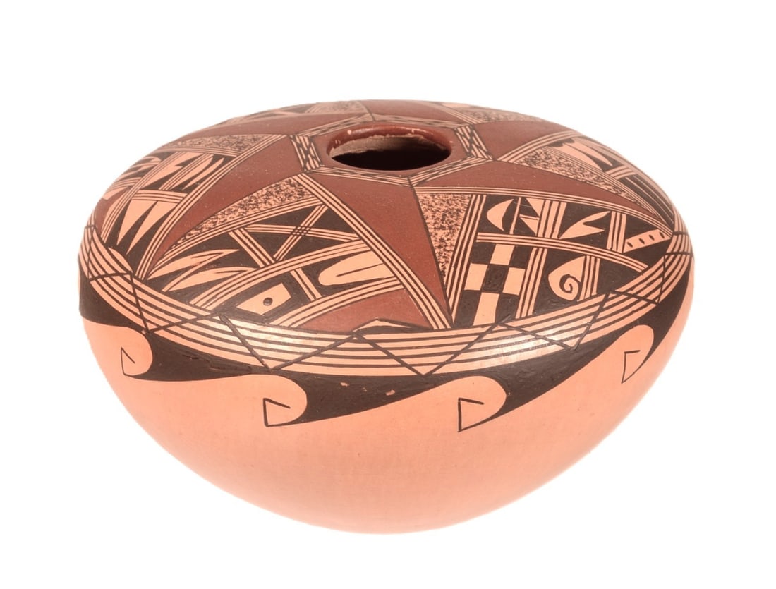 Hopi Pueblo Pottery Seed Jar By K. Dewakuku Mid/Late 20th Century Size 2.75 in H: Hopi Pueblo Pottery Seed Jar By K. Dewakuku Mid/Late 20th Century Size 2.75 in H. Dimensions: H 2.75 x D 4.25 in. Dewakuku Mid/Late 20th Century Size 2.75 in H x 4.25 in D Hand Coiled from Apricot Col
