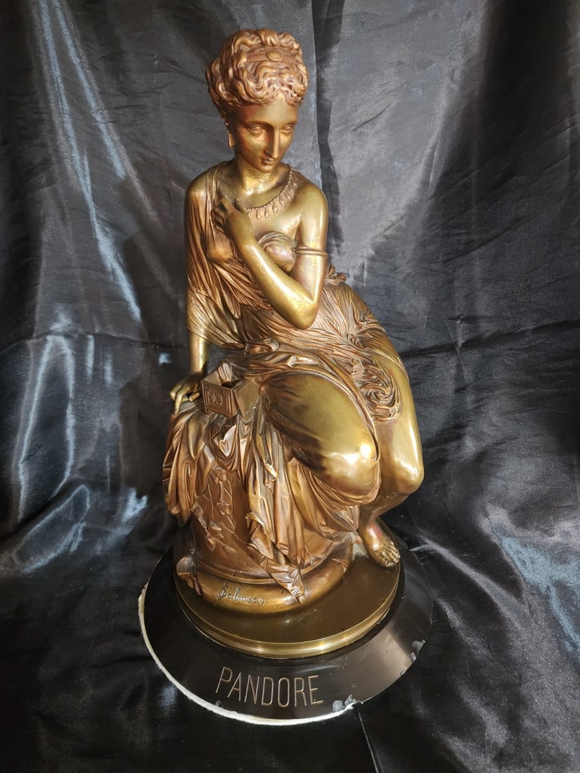 Jean Jules Salmson Signed Bust of Pandora Bronze Sculpture: Bronze sculpture titled 'Bust of Pandora,' signed Jean Jules Salmson and presented on a platform/base. Substantial decorative bronze with classical figural subject matter. Please review all photograph