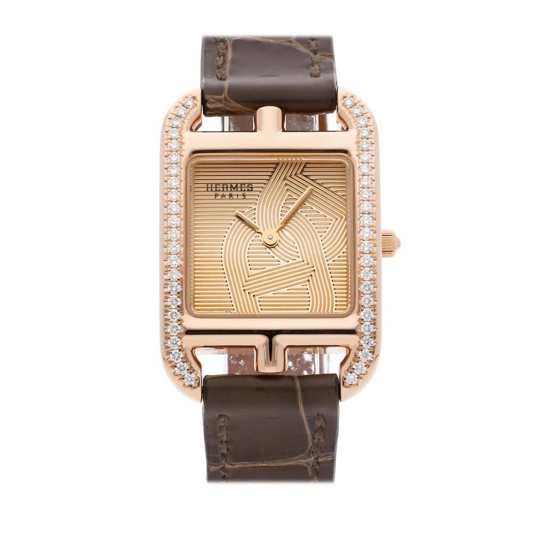 Hermès Cape Cod 31mm Rose Gold Diamond Quartz Watch W059599WW00: Hermès Cape Cod quartz wristwatch, reference W059599WW00, featuring a 31mm 18k rose gold case with a diamond-set bezel, rose-gilded dial with Anchor Chain motif, and brown leather strap secured by
