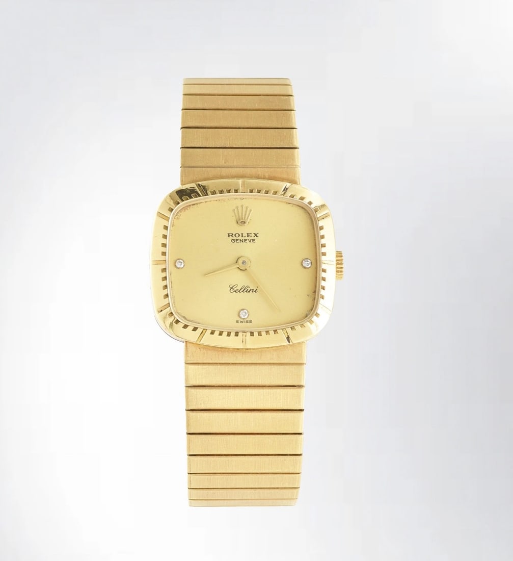 Vintage Rolex Geneve Cellini 18K Yellow Gold Diamond Wristwatch: Vintage Rolex Geneve Cellini wristwatch in 18K yellow gold with a hand-winding movement. Features a gold-color dial with gold-color hands and three diamond accents, together with an 18K yellow gold br