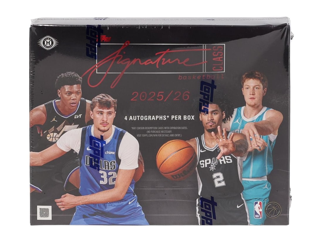 2025-26 Topps Signature Class Basketball Hobby Jumbo Box: 2025-26 Topps Signature Class Basketball Hobby Jumbo Box. Configuration includes 4 packs per box with 10 cards per pack. The release features a mix of veteran and rookie subjects across paper and Chro