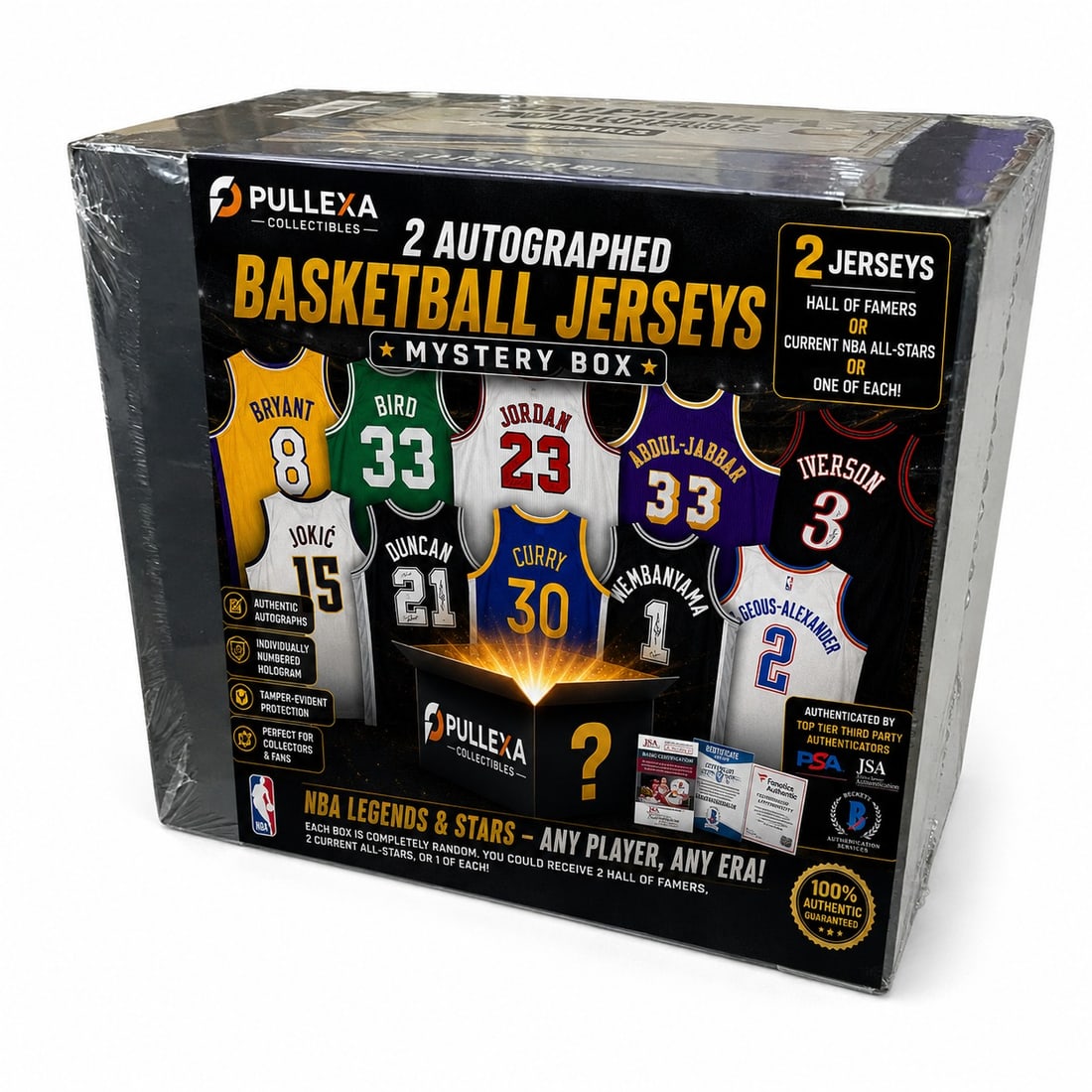2 Autographed Basketball Jersey Mystery Box | Hall of Famer or Current NBA All-Star: Mystery box containing 2 autographed basketball jerseys. Exact players and teams vary by box. Please review all photographs and lot details for authentication information, condition, and included cont