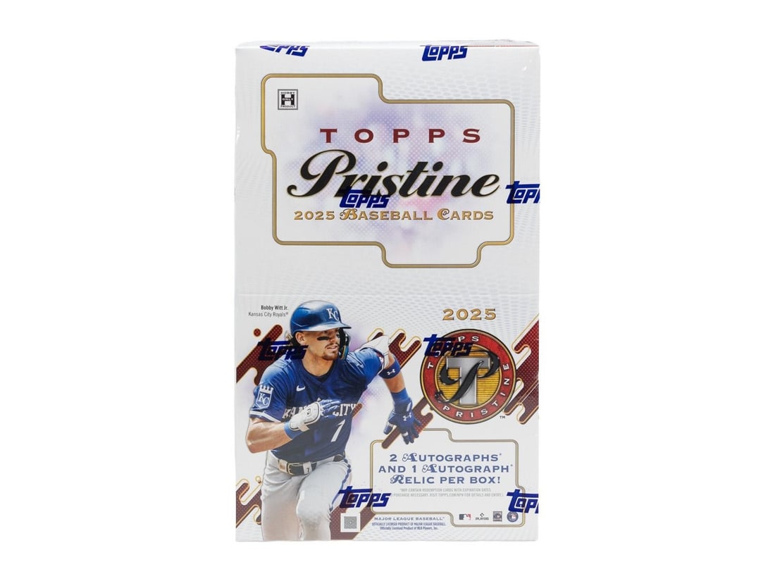 2025 Topps Pristine Baseball Hobby Box: 2025 Topps Pristine Baseball Hobby Box. Configuration includes 6 packs per box with 8 cards per pack. The product is built around the Pristine pack-within-a-pack format and includes autograph, autogra
