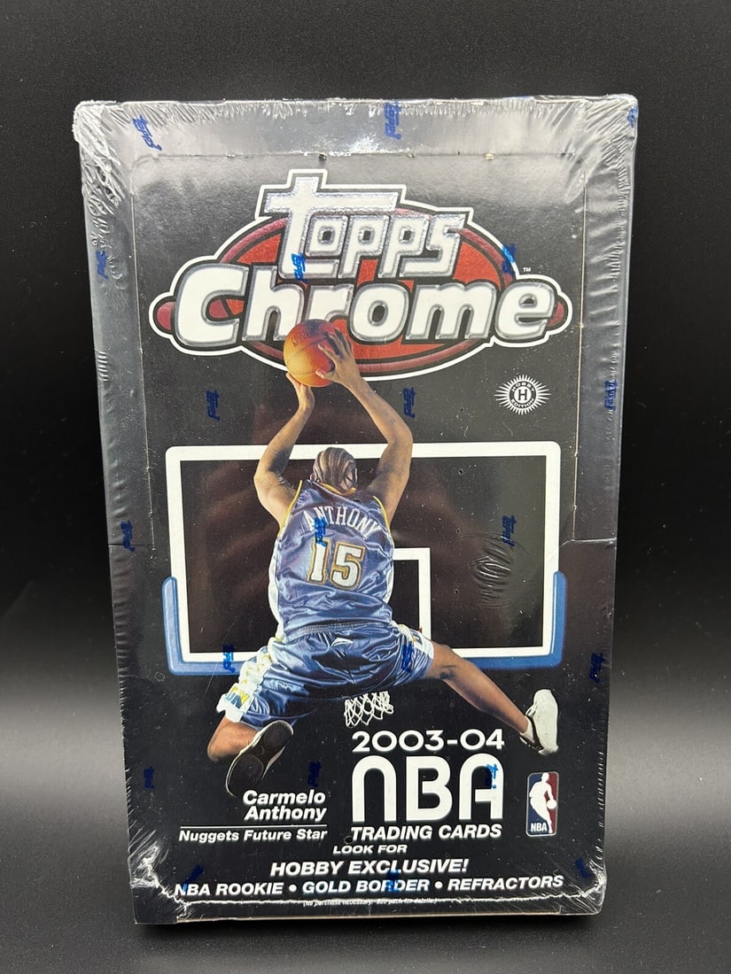 2003-04 Topps Chrome Basketball Hobby Box - Factory Sealed - LeBron Rookie Year: Factory-sealed 2003-04 Topps Chrome Basketball Hobby Box from the landmark LeBron James rookie season. Configuration is 24 packs per box with 4 cards per pack. The release also includes rookie cards o