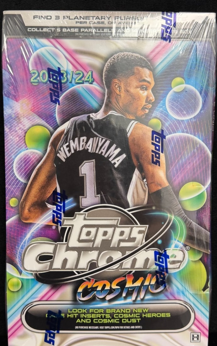 2023-24 Topps Cosmic Chrome Basketball Hobby Box - Factory Sealed: Factory-sealed 2023-24 Topps Cosmic Chrome Basketball Hobby Box featuring 20 packs per box with 4 cards per pack. The release includes a 200-card base set, rookies and veterans, Cosmic Chrome parallel