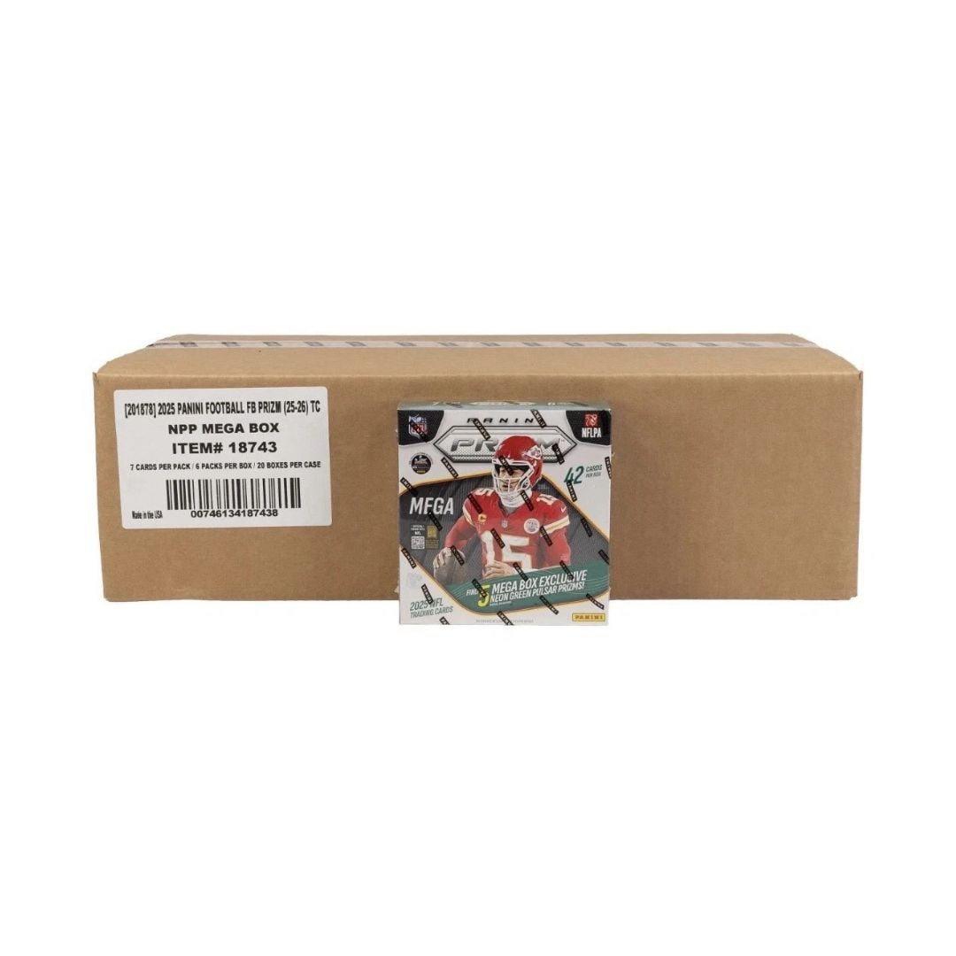 2025 Panini Prizm Football Mega Box Case Factory Sealed (20 Boxes): Factory-sealed 2025 Panini Prizm Football Mega Box Case containing 20 sealed Mega Boxes. Prizm Football remains one of the most popular and highly collected football trading card products, featuring t