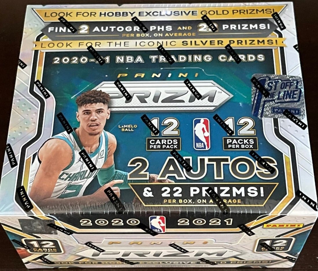 2020-21 Panini Prizm Basketball FOTL Hobby Box - Factory Sealed: Factory-sealed 2020-21 Panini Prizm Basketball First Off The Line hobby box, UPC 613297960102. Configuration includes 12 packs per box with 12 cards per pack. The product features exclusive FOTL Shimm