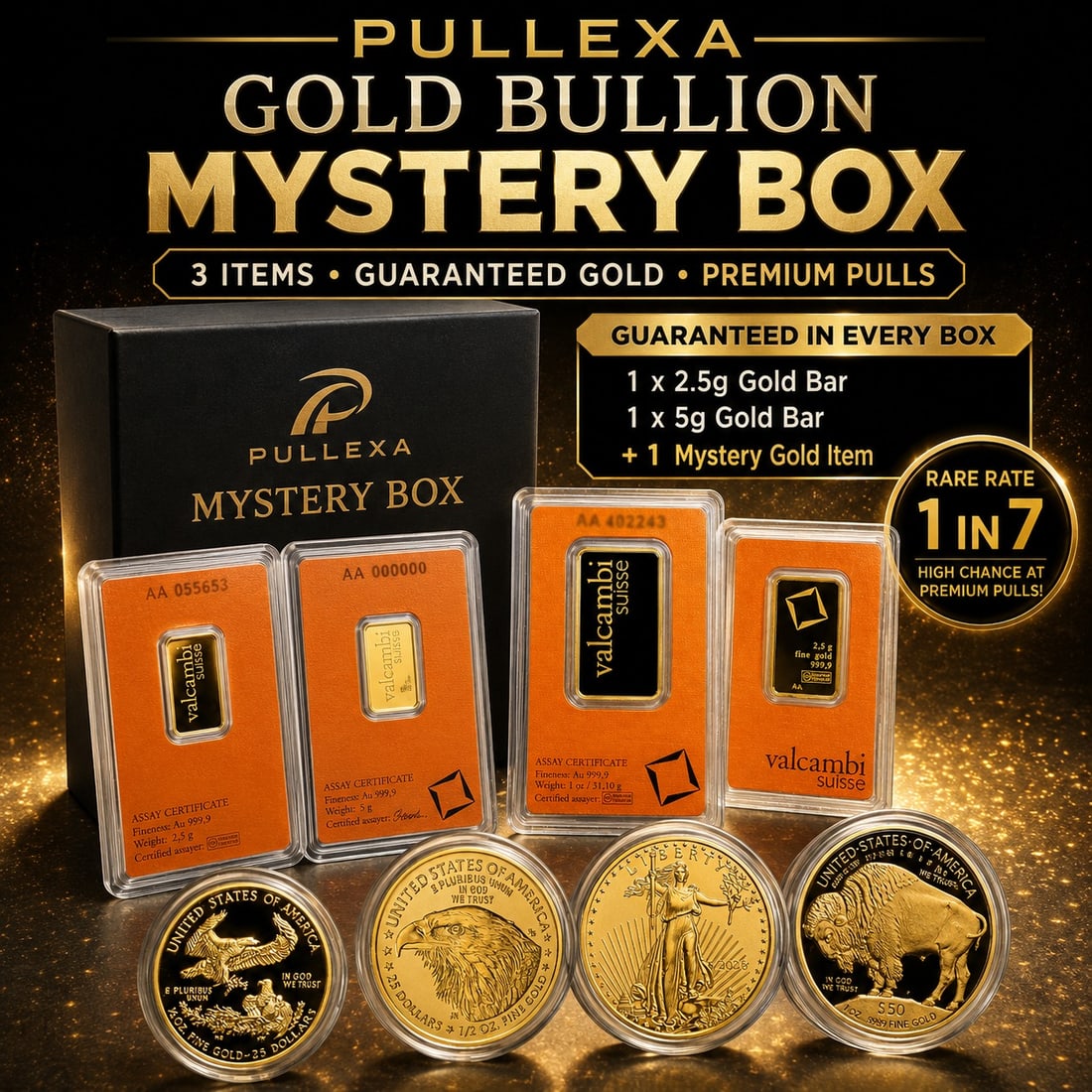 Gold Bullion Mystery Box | Guaranteed 7.5g Gold + Mystery Gold Bar or American Gold Coin | 3 Items (1 of 1)