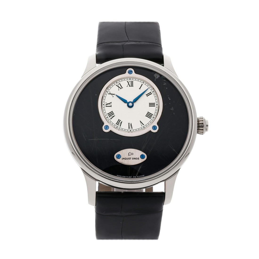 Jaquet Droz Petite Heure Minute Limited Edition Automatic Watch J005034218: Jaquet Droz Petite Heure Minute limited-edition self-winding automatic wristwatch, reference J005034218. The 43mm case is crafted in 18k white gold and houses a black dial with an off-center silver-to
