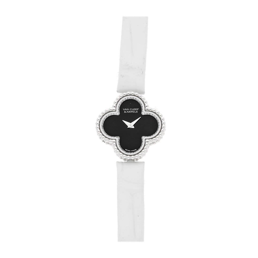 Van Cleef & Arpels Sweet Alhambra Onyx Diamond Watch ARO8WU00: Van Cleef & Arpels Sweet Alhambra quartz wristwatch, reference ARO8WU00. The 22.7 mm 18k white gold four-petal motif case features a diamond-set inner bezel and black onyx dial with hour and minute ha