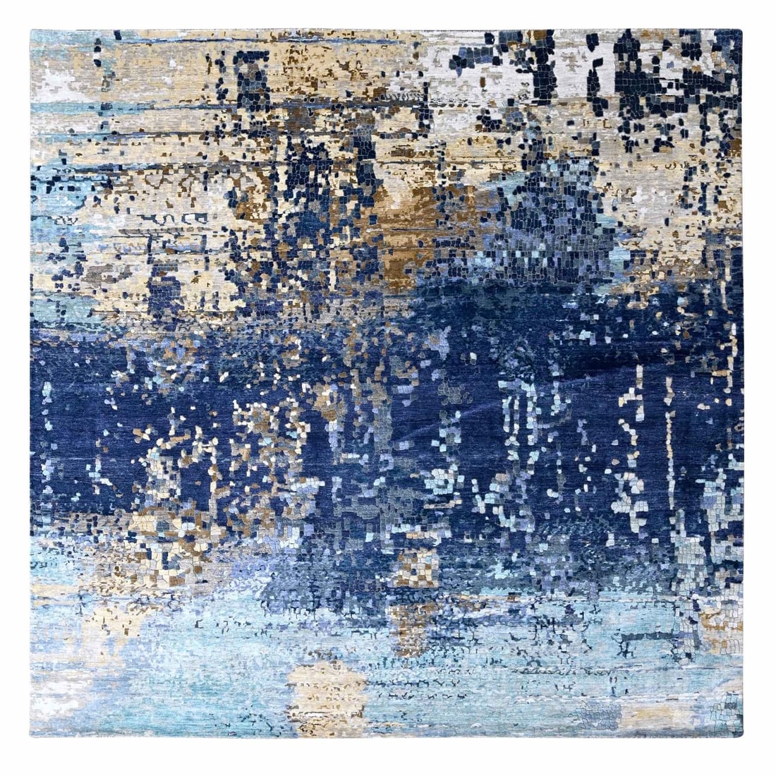 9 ft10 in Square Blue Mosaic Wool and Silk Hand-Knotted Rug R10005: Hand-knotted square area rug featuring an abstract mosaic design in shades of blue, light blue, cream, beige, gray, and brown. Constructed from wool and silk, the rug presents a richly textured surfac