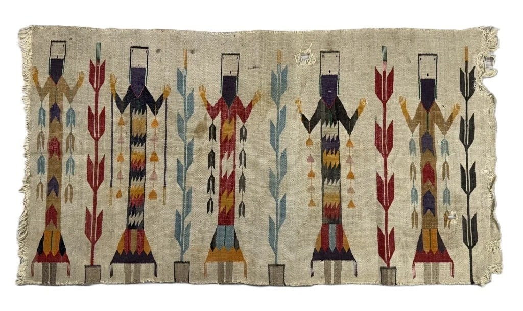 Navajo Fred Harvey Yei Rug ca. 1920 32 in L x 60 in W Hand Spun Wool with a Tan