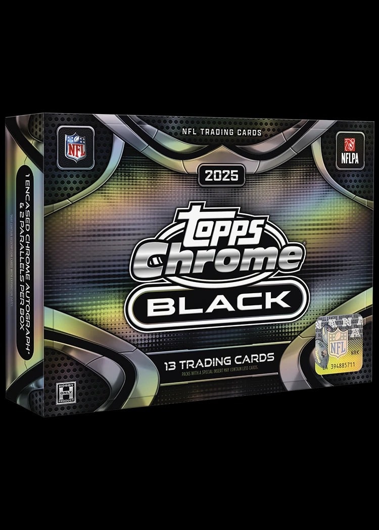 2025 Topps Chrome Black NFL Football Hobby Box - 1 Autograph: Factory-sealed 2025 Topps Chrome Black NFL Football Hobby Box. Configuration: 6 cards per pack and 2 packs per box. Each box contains 1 autograph, on average. The product features NFL rookies, stars, 