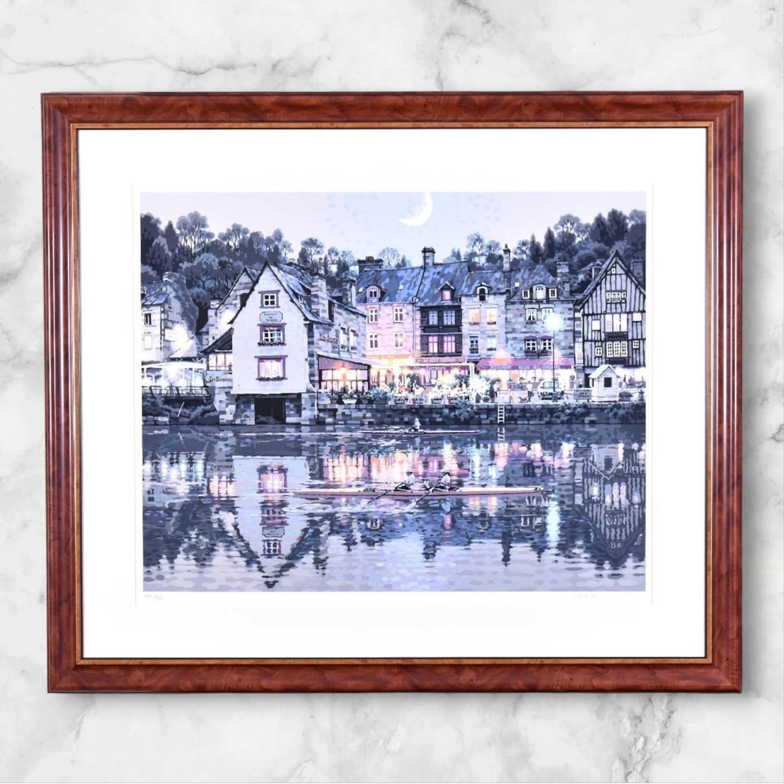 Teppei Sasakura La Lance 2003 Signed Silkscreen Print Framed Limited Edition 285: Teppei Sasakura, La Lance, 2003. Signed silkscreen print presented in a wood-tone frame with a wide white mat. The image depicts a moonlit waterfront scene with illuminated buildings, boats, and refle