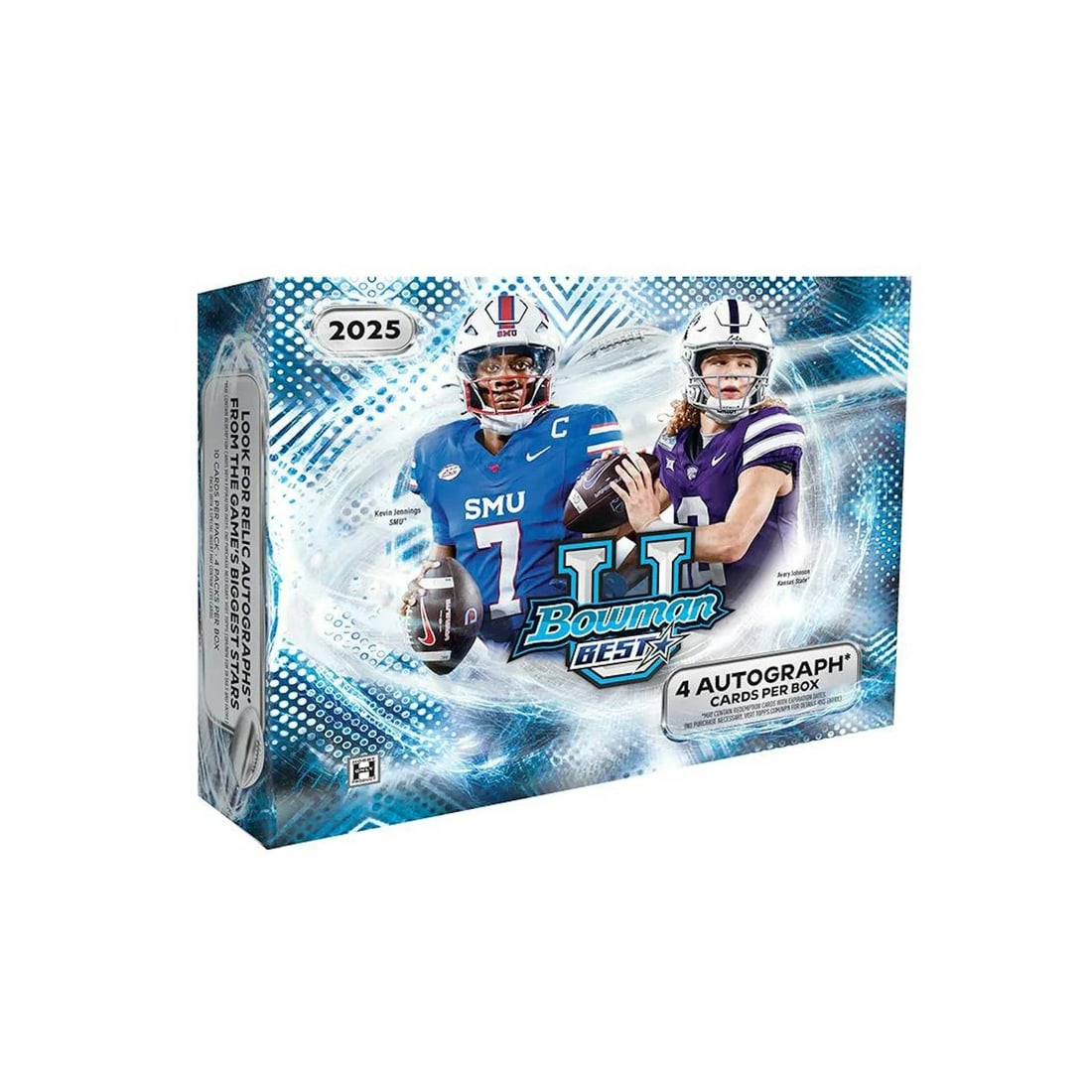 2025 Bowman University Best Football Hobby Box: Each Box contains 3 Base Refractors, 2 Shimmer Parallels, 8 Inserts, 3 Numbered Parallels, 1 Autograph Relic Card, and 3 Other Autograph Cards, on average! Step into the future of football with 2025 B