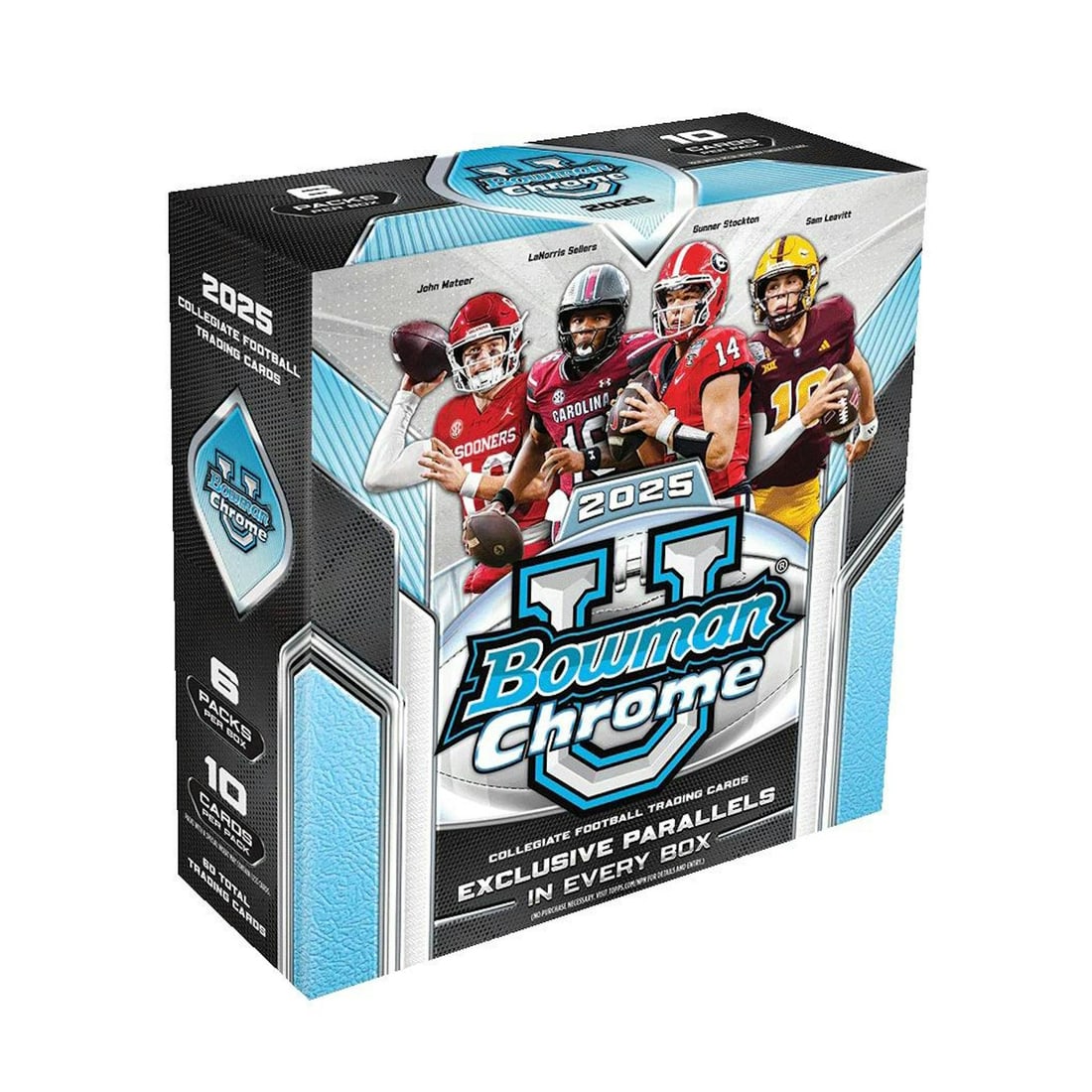 2025 Bowman University Chrome Football Mega 20-Box Case: Each Box contains 5 Inserts, 1 Refractor Parallel, 1 Numbered Parallel, and 4 Teal Lava Refractor Parallels, on average! Each Case contains 10 Autograph Cards and 1 Physical Education Insert, on avera