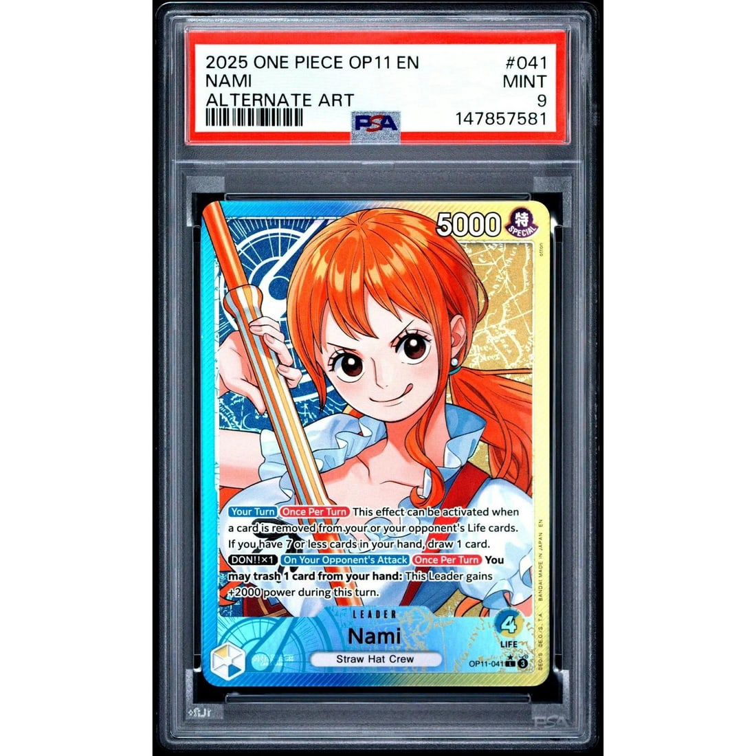 2025 One Piece A Fist of Divine Speed Nami Alternate Art #041 PSA 9: Manufacturer: Bandai Product: One Piece TCG Series: Release Date: Not Announced Specifications Manufacturer: One Piece TCG Product: 2025 One Piece A Fist of Divine Speed Nami Alternate Art #041 PSA 9 