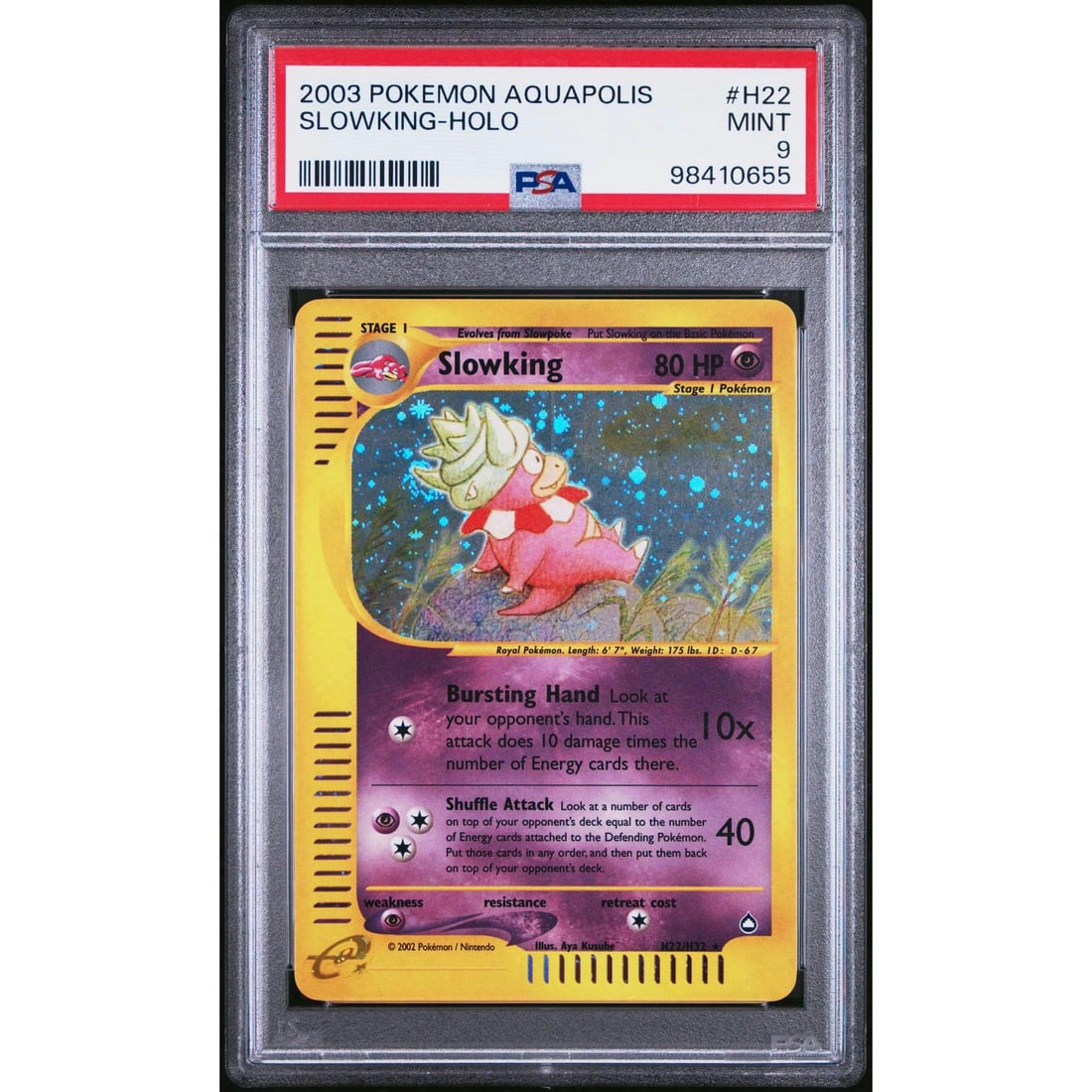 2003 Pokemon Aquapolis Slowking Holo #H22 PSA 9: Manufacturer: Pokemon Product: Pokemon Series: Aquapolis Release Date: Not Announced Specifications Manufacturer: Pokemon Product: 2003 Pokemon Aquapolis Slowking Holo #H22 PSA 9 Category: Pokemon TCG