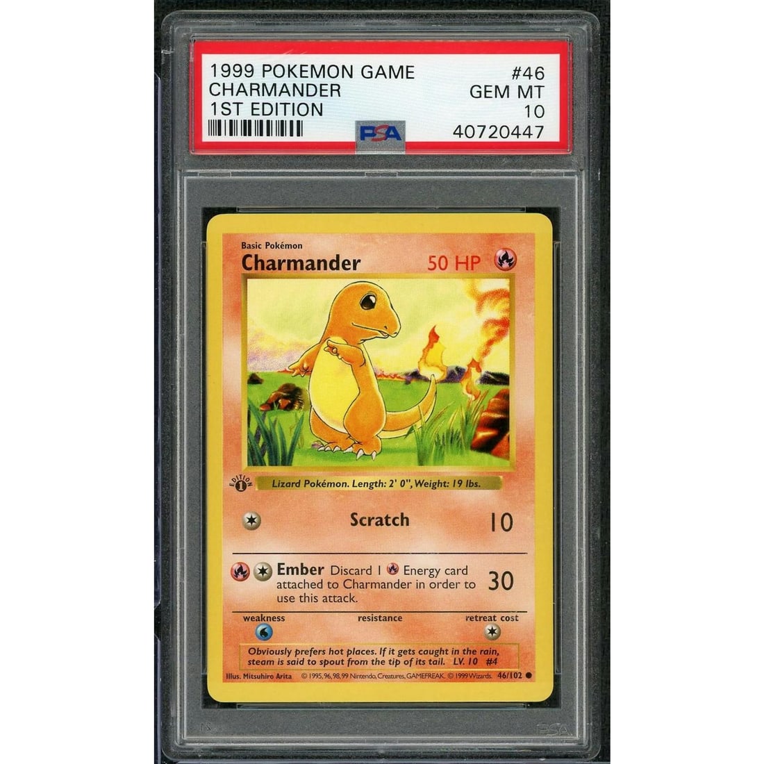 1999 Pokemon Base Set Shadowless Charmander 1st Edition #46 PSA 10: Manufacturer: Pokemon Product: Pokemon Series: Base Set Release Date: Not Announced Specifications Manufacturer: Pokemon Product: 1999 Pokemon Base Set Shadowless Charmander 1st Edition #46 PSA 10 Cat